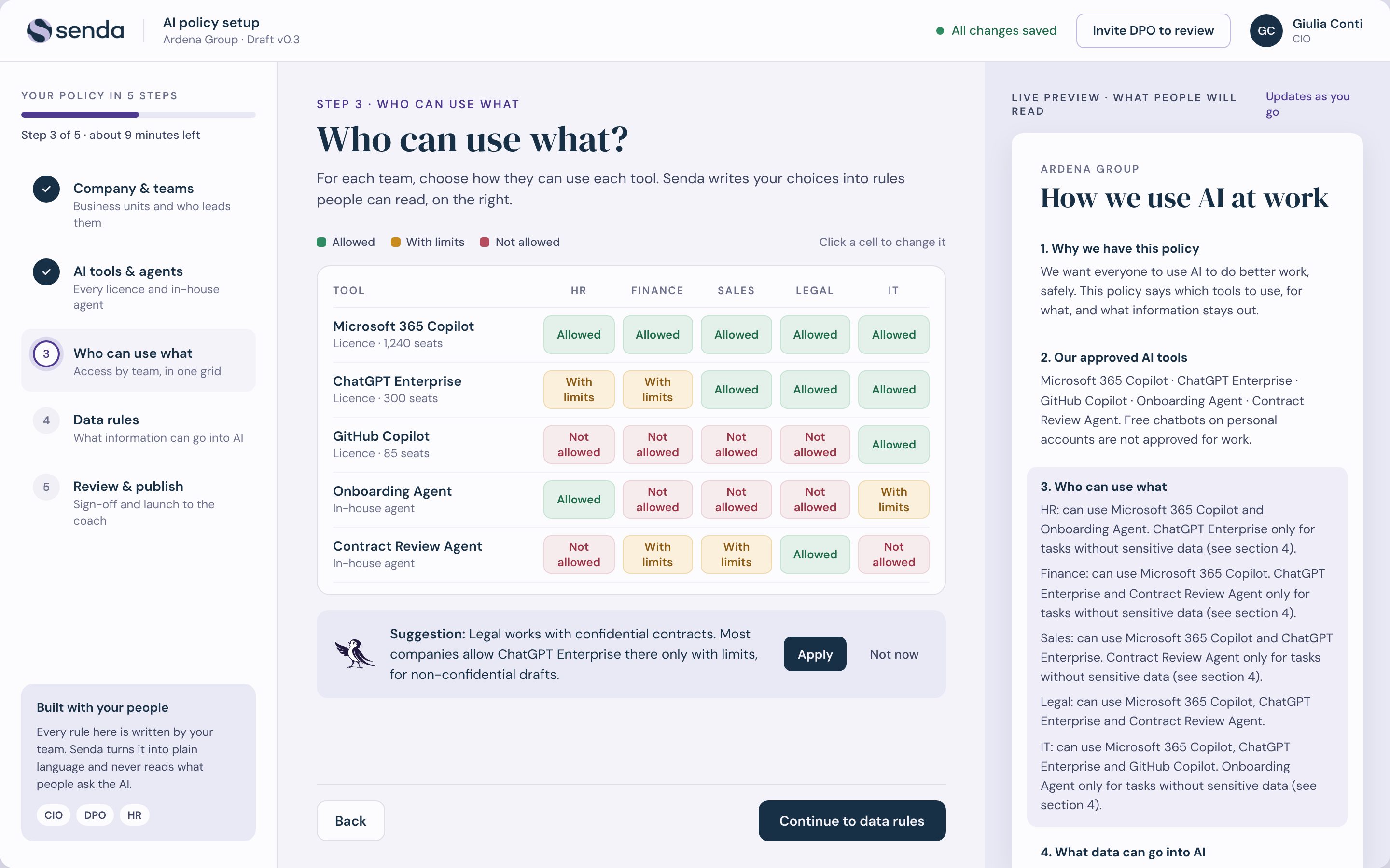 Senda policy setup: a grid of which team can use which AI tool, with a live preview of the policy people will read