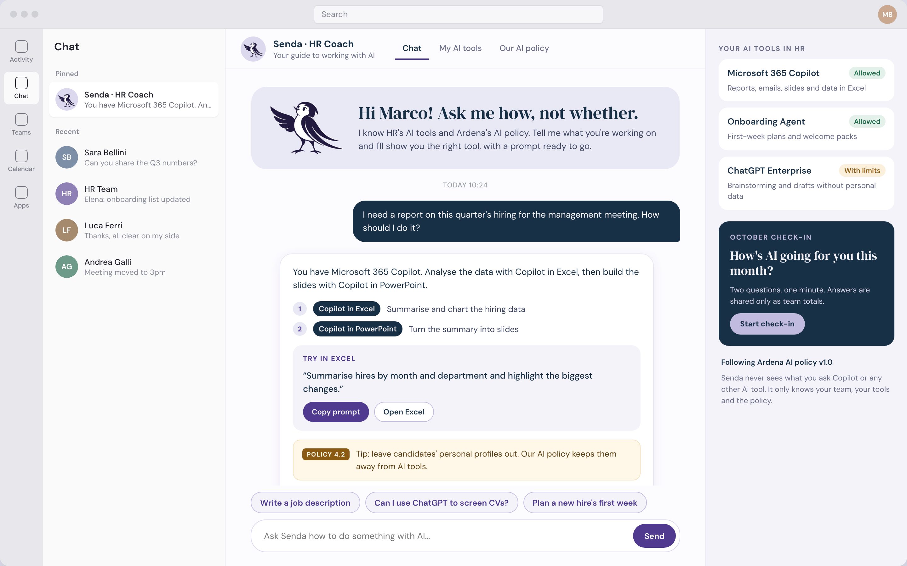 Senda HR coach in Microsoft Teams suggesting Copilot in Excel and PowerPoint, with a ready prompt and a policy tip